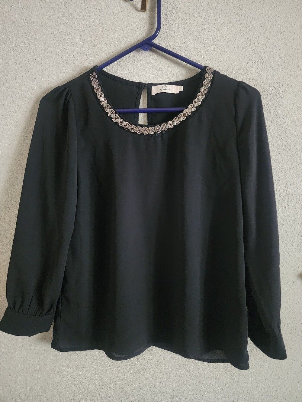 Elodie Anthropologie Black Beaded Neckline Blouse Top Sheer Keyhole Womens Small